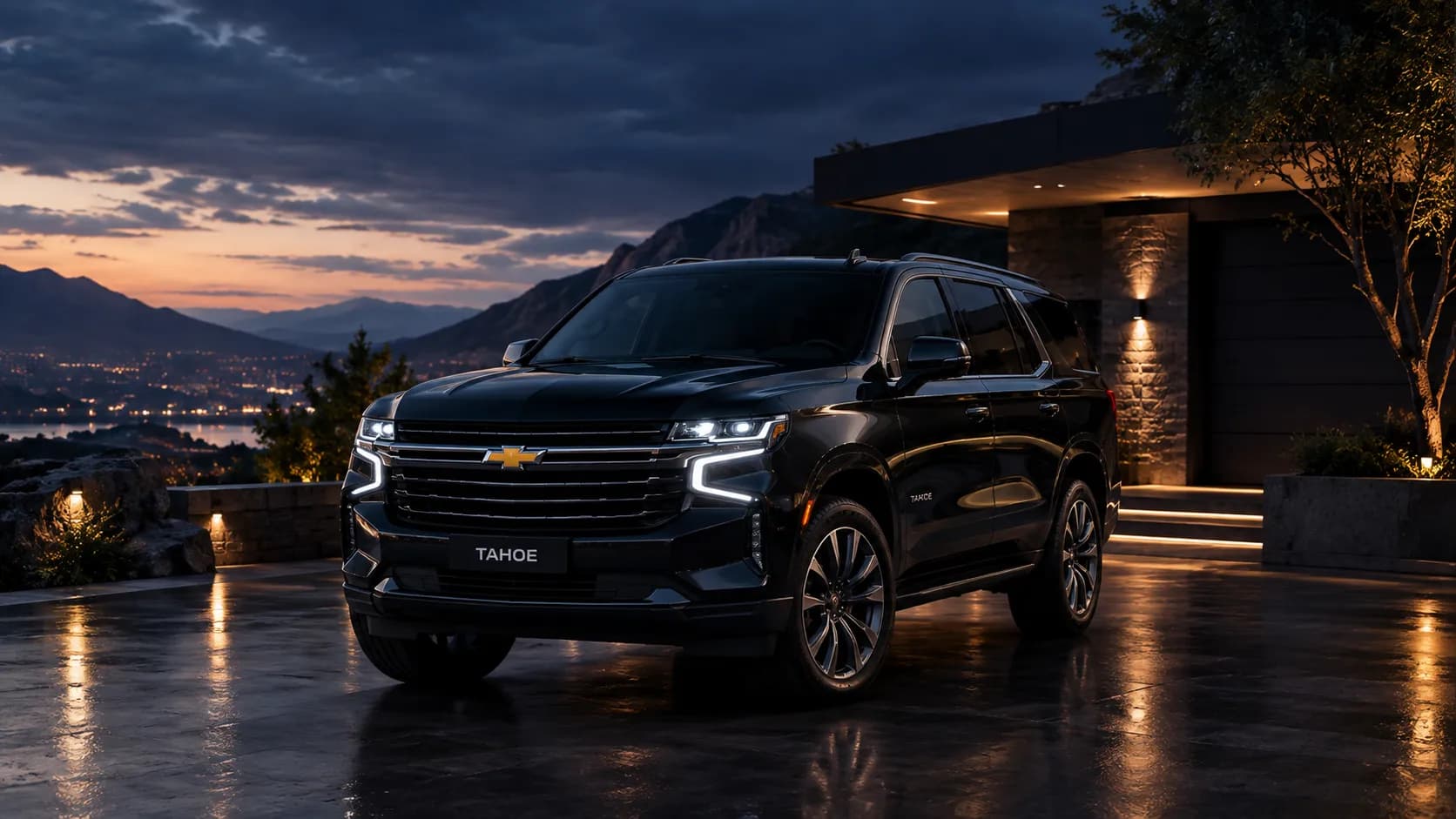 Чёрный Chevrolet Tahoe вечером
